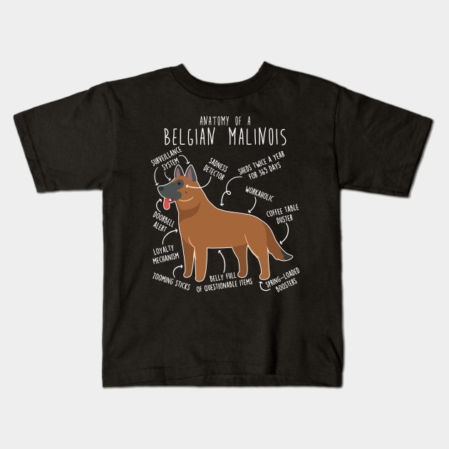 Red Mahogany Belgian Malinois Dog Anatomy Kids T-Shirt by Psitta